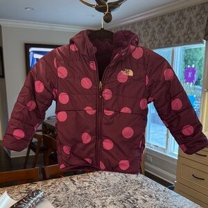 North Face Toddler Reversible Jacket. Purple polka dot and purple fleece.